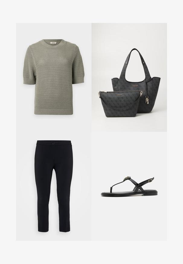 Kortærmet, lysegrøn strikket sweater med tekstureret mønster, rund halsudskæring samt ribkant ved ærmer og bund.; Sorte skræddersyede bukser med en tætsiddende design, glat tekstur og knaplukning i taljen. Ankellængde med minimal detaljering.; Sorte patenterede lædersandaler med thong-design, flad sål og en guld-farvet detalje på stroppen. Justerbar spænde-lukning.; Sort tote taske og matchende pouch i struktureret materiale, med guldfarvede accenter, præget logo og lynlås lukning.