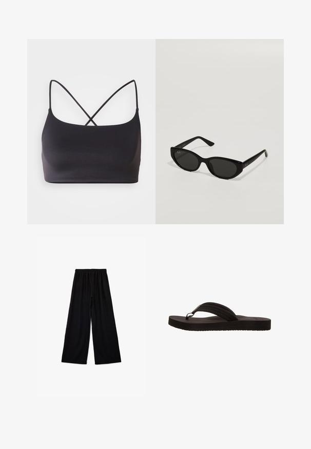 Bralette negra con una textura suave, que presenta tirantes finos que se entrelazan en la espalda para un diseño minimalista.; Pantalones anchos negros con cintura elástica, hechos de una tela suave, con una textura lisa y un diseño simple y sin adornos.; Chancla negra con suela de goma, que presenta un diseño de sola tira con tres ranuras horizontales. Textura plana y suave sin patrones adicionales.; Gafas de sol negras con una forma de ojo de gato estrecha. Hechas de plástico suave, con lentes oscuros y sutiles acentos de logo en las patillas.