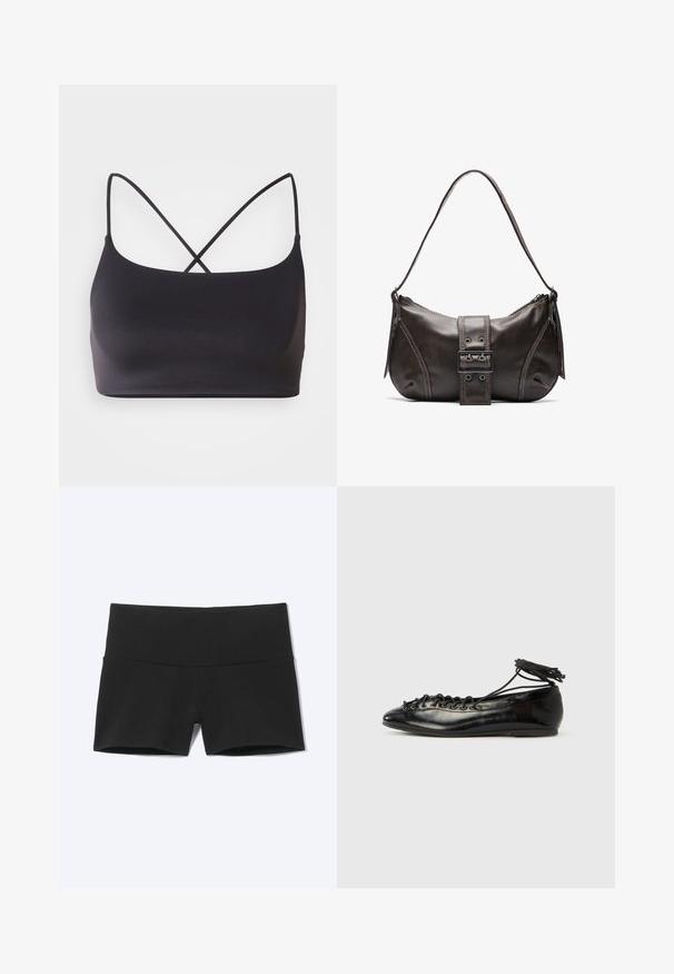 Bralette noire au toucher lisse, dotée de fines bretelles qui se croisent dans le dos pour un design minimaliste.; Shorts de sport noirs moulants avec une large ceinture, conçus pour le confort et la flexibilité.; Ballerines en cuir verni noir avec un bout rond, un design à lacets et une semelle plate. Texture lisse avec peu de détails.; Sac à épaule en cuir marron avec une forme courbée, présentant un détail de boucle proéminent, des coutures contrastantes et une seule bandoulière.