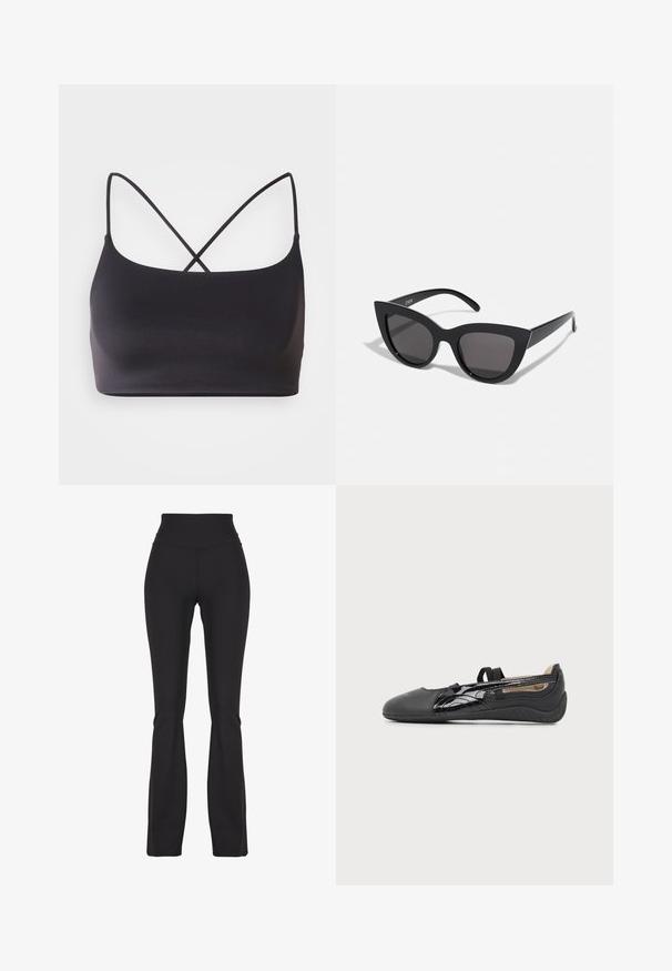 Sort bralette med en glat overflade, der har tynde stropper, som krydser hinanden på ryggen for et minimalistisk design.; Sorte flared leggings lavet af strækbart stof, med en høj talje og glat tekstur, designet til komfort og bevægelighed.; Sort slip-on flad sko med elastisk rem, glat tå og blank side detaljer, vist i sideprofil på neutral baggrund.; Sorte cat-eye solbriller med mat finish, der har grå tonede linser, skarpe vinkler og slanke sidearme. Mærkenavnet er synligt på den indre arm.