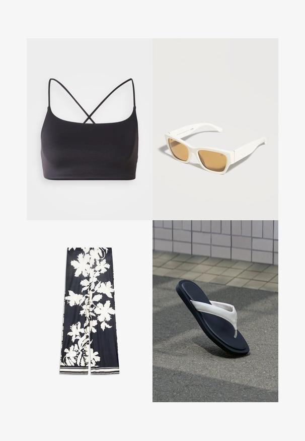 Bralette noire au toucher lisse, dotée de fines bretelles qui se croisent dans le dos pour un design minimaliste.; Pantalon à jambes larges en tissu bleu marine avec un motif floral blanc. Caractérisé par une texture lisse et un ourlet rayé en détail.; Copenhagen Studios CPH791 - Sandales tongs - light cream; Lunettes de soleil blanches rectangulaires avec montures épaisses et verres teintés marron sur un fond gris clair uni.