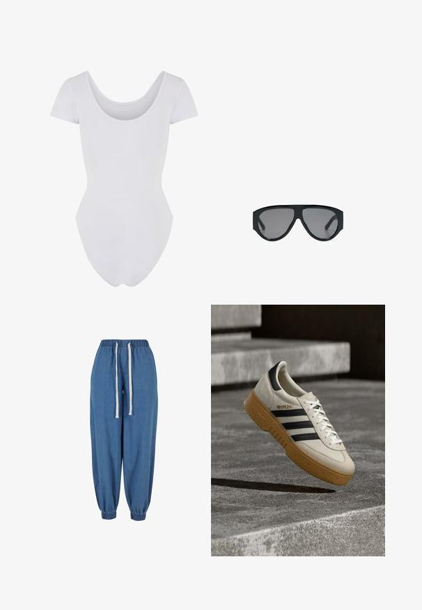 Body blanc à manches courtes avec col arrondi, fabriqué dans un tissu doux et extensible. Le design présente une silhouette ajustée et une construction sans coutures.; Pantalon de jogging en denim bleu avec taille élastique et poignets, avec des cordons blancs à la taille.; Baskets en daim beige avec des rayures noires, des lacets blancs et une semelle en caoutchouc gomme. Présente un logo "SPEZIAL" sur le côté.; Lunettes de soleil aviateur noires oversize avec des verres teintés foncés, affichées sur fond blanc.