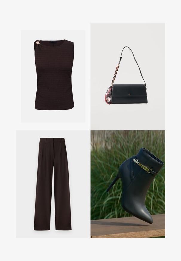 Donkerbruine mouwloze top met textuur, een ronde halslijn en een geplooid detail op één schouder.; Donkerbruine wijde pantalon met plooi en riemlussen, voorzien van een voorrits en een nette zoom tegen een effen achtergrond.; Zwarte high-heeled enkelboot met spitse neus en gouden gespdetails, weergegeven op een houten oppervlak met een achtergrond van groene bladeren.; Zwarte rechthoekige schoudertas met een gevlochten band en een vastgeknoopte sjaal met bloemenpatroon op een witte achtergrond.