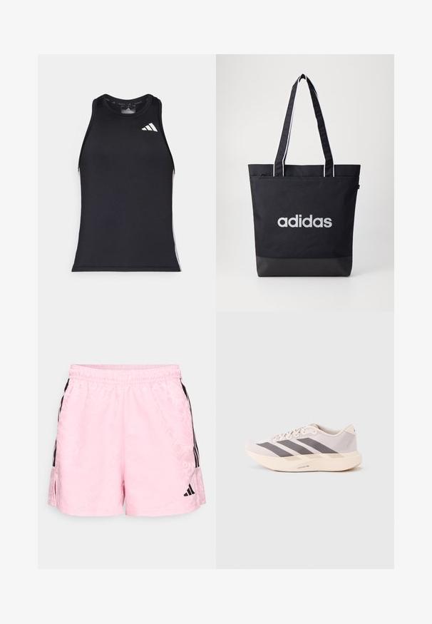 Top atlético negro de corte ajustado, fabricado en un material sintético suave, con el logo blanco de Adidas y detalles en los lados.; adidas Sportswear TIRO - Pantalón corto de deporte - true pink/black; Zapatillas deportivas ligeras en rosa pálido y gris, con una parte superior de malla, tres franjas oscuras y una suela gruesa color crema con la etiqueta "LIGHTSTRIKE PRO".; Bolsa de tote negra con el logo "adidas" en gris, hecha de un tejido duradero, con dos correas para el hombro y un panel inferior negro en contraste.