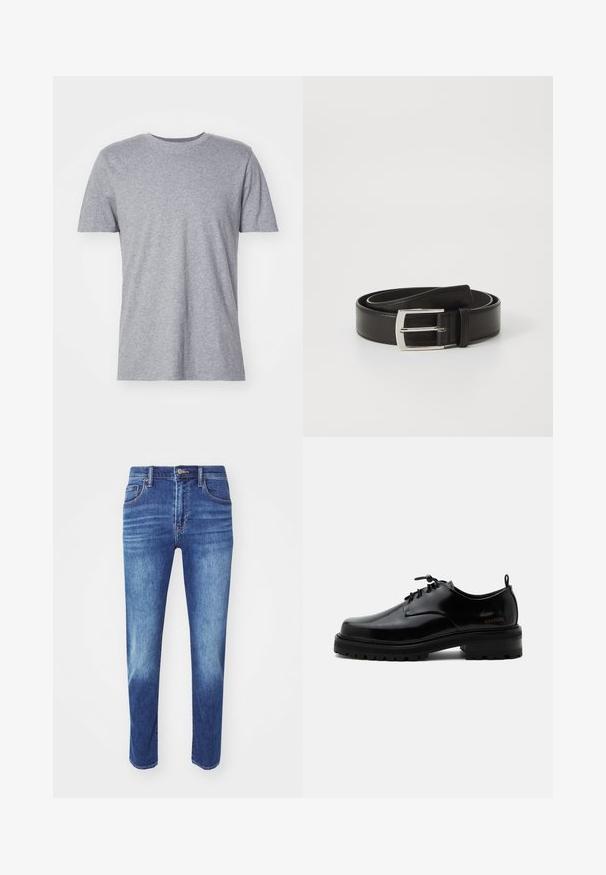 Grå, kortærmet t-shirt lavet af en bomuldsblanding, der har en klassisk crew neckline og en glat, blød tekstur.; Blå denimjeans med lige skæring, fem-lomme design og klassisk knaplukning. Har subtil fading og broderede detaljer.; Sort poleret læder snørestøvle med tyk gummisål og lav hæl, sideskilt med mærketekst "SAMSOE" og bageste træksnor.; Sort læderbælte med en glat overflade, der har en rektangulær sølvmetal spænde og et klassisk design.