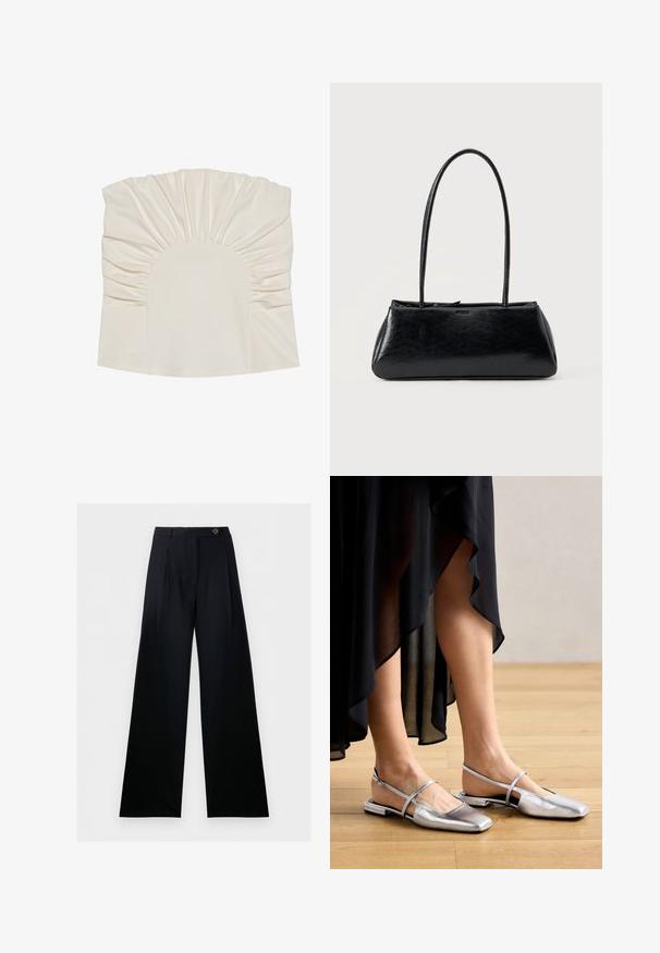 Top de color crema con tela fruncida, que presenta un escote redondo y una textura suave. El diseño incluye pliegues a lo largo de los bordes.; Pantalones negros de pierna ancha, entallados, con cintura alta, cierre frontal de botones y trabillas, mostrados sobre un fondo blanco.; Zapatos planos metálicos plateados con diseño de punta cuadrada, tira trasera y acentos recortados. Textura suave sobre un suelo de madera.; Bolso de hombro rectangular negro con correas largas y delgadas y una textura lisa y brillante sobre un fondo liso.
