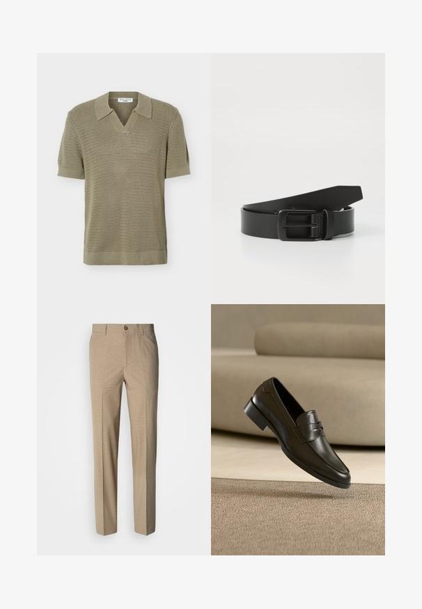 Polo en maille vert olive à manches courtes avec motif texturé et col en V, fabriqué par Marc O'Polo Denim.; Pantalon beige à motif à carreaux avec une coupe droite, doté d'une fermeture par bouton et d'une texture de tissu lisse.; Mocassin en cuir noir flottant au-dessus d'un tapis beige avec un canapé beige en arrière-plan, mettant en valeur le design classique pour hommes sans lacets.; Ceinture en cuir noir avec une boucle en métal noir mat, présentant une texture lisse et un design simple. Longueur réglable avec une extrémité effilée.