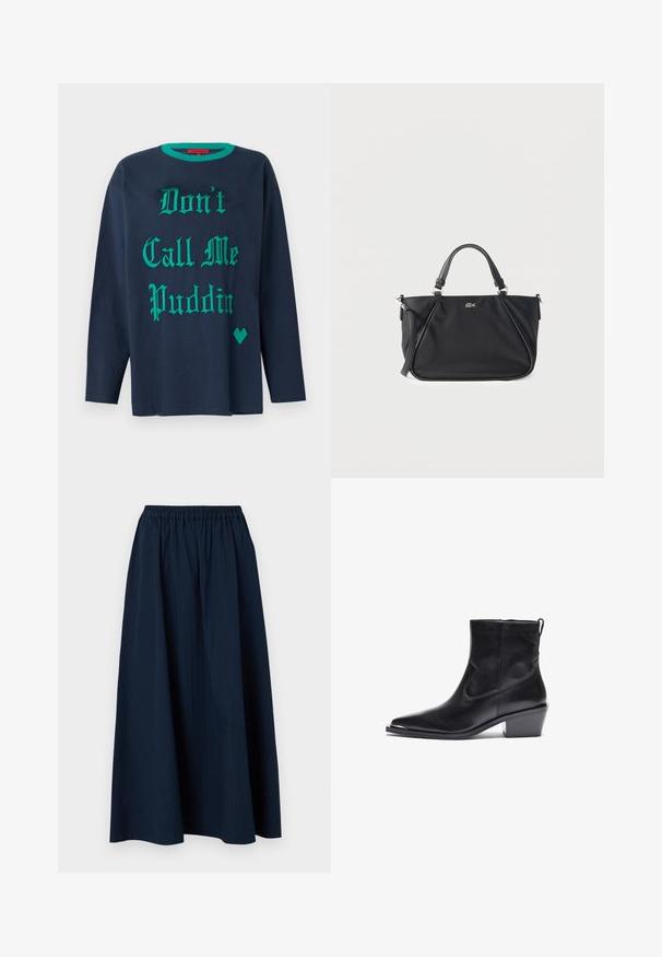 Marineblauwe T-shirt met lange mouwen, gemaakt van katoen, met groene decoratieve tekst "Noem me geen Puddin'" en een groen hartvormig accent.; Marineblauwe, lange rok gemaakt van textuurstof met een elastische tailleband en subtiele verticale strepen.; Zwarte leren enkelboot met een spitse neus en een lage blokhak. Heeft een zijrits en minimale stiksels voor een stijlvolle uitstraling.; Zwarte leren handtas met twee bovenhandvatten, een afneembare schouderriem en een klein krokodillenlogo op het voorste midden.