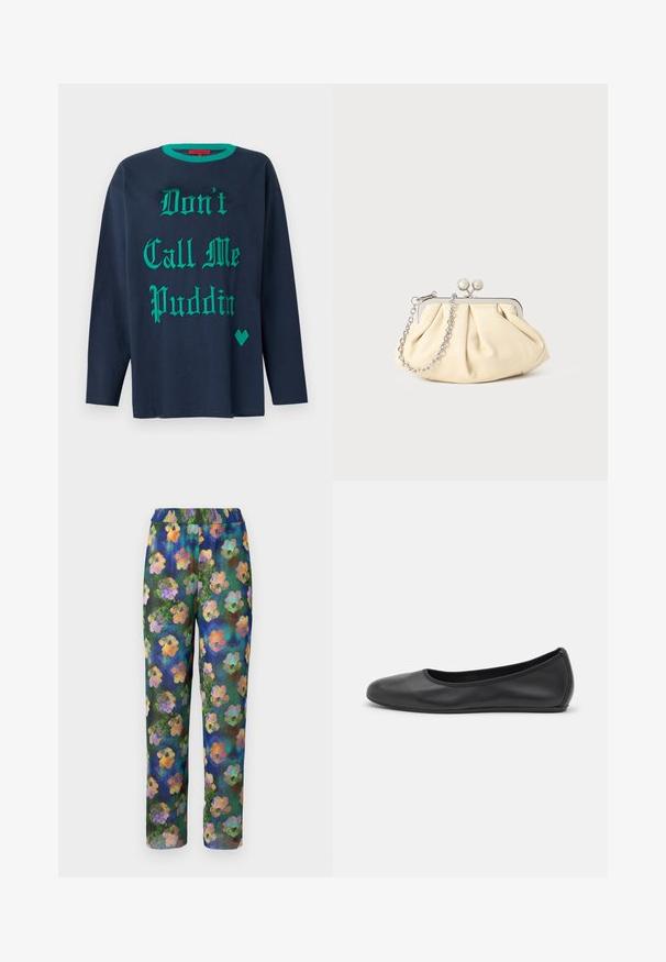 Camiseta de manga larga azul marino de algodón, con texto decorativo verde "No me llames Puddin'" y un acento en forma de corazón verde.; Pantalones de estampado floral con textura acanalada, cinturilla elástica y un fondo verde y azul con patrones de flores coloridos en toda la prenda.; Bailarina de piel negra con punta redondeada, textura suave, detalle de costura minimalista y diseño de suela flexible.; Clutch de cuero beige plisado con un marco de metal plateado, que cuenta con dos broches decorativos redondos y una correa de cadena plateada.