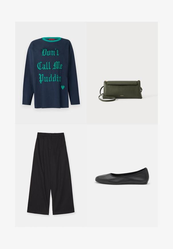 Marinefarbendes Langarm-T-Shirt aus Baumwolle, mit grüner dekorativer Schrift "Nenn mich nicht Puddin'" und einem grünen herzförmigen Akzent.; Schwarze weite Hosen aus einem glatten Stoff, mit hoher Taille, vorderen Falten, einem Knopfverschluss und einer geraden Silhouette.; Schwarze Leder-Ballettschuhe mit abgerundeter Spitze, glatter Textur, minimalen Nähdetails und einem flexiblen Sohlen-Design.; Dunkelgrüne, strukturierte Leder-Crossbody-Tasche mit Klappenverschluss und dünnem verstellbarem Tragegurt, geprägt mit kleinem goldenen "Bee Projects"-Logo.