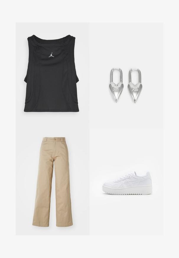 Jordan TANK - Top - black; Pantalones de pierna ancha beige hechos de algodón, con cierre de botón y lazadas para cinturón, con una textura suave y un acabado limpio.; Zapatillas de plataforma blancas con una textura de cuero suave, detalles perforados y cordones planos; cuentan con una suela de goma blanca gruesa.; Avgvst YES NO HEART LOCK EARRINGS - Pendientes - silver-coloured