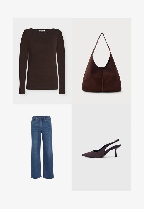 Mørkebrun långærmet t-shirt med rund hals, lavet af letvægtsstof med tætsiddende pasform uden synlige mønstre eller dekorationer.; Bredde jeans lavet af medium blå denim. Har en knap- og lynlåslukning, fem lommer og subtil falmning på stoffet.; Slingback sko med hæl i mørk lilla stof. Spids tå-design, åbne sider og en slank, firkantet hæl. Glat tekstur.; Brun suedette hobo taske med en stor, buet åbning og en bred skulderrem. Har en centreret søm på forsiden. Glat tekstur.