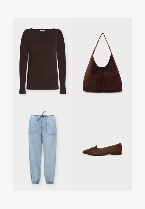 Chemise marron foncé à manches longues et col rond, confectionnée dans un tissu léger avec une coupe ajustée et sans motifs ni décorations visibles.; Pantalon jogger en denim bleu clair avec taille et poignets élastiques, poches plaquées à l'avant et lien coulissant à la taille.; Chaussure plate marron à bout pointu avec détail décoratif de boucle sur le dessus, sur fond clair uni.; Sac hobo en daim marron avec une grande ouverture courbée et une large bandoulière. Présente une couture centrée à l'avant. Texture lisse.