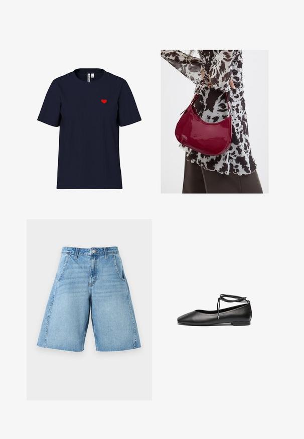 T-shirt bleu marine à manches courtes avec un petit cœur rouge sur le côté gauche de la poitrine et un col rond.; Short en jean bleu clair avec poches avant, passants de ceinture et fermeture par bouton, présenté sur fond blanc.; Ballerines noires en cuir avec un bout pointu, un talon plat et un détail de lacet autour de la cheville. Texture lisse, design minimaliste.; Femme portant un chemisier à motif noir et blanc tenant un sac à main rouge brillant sur un fond uni.