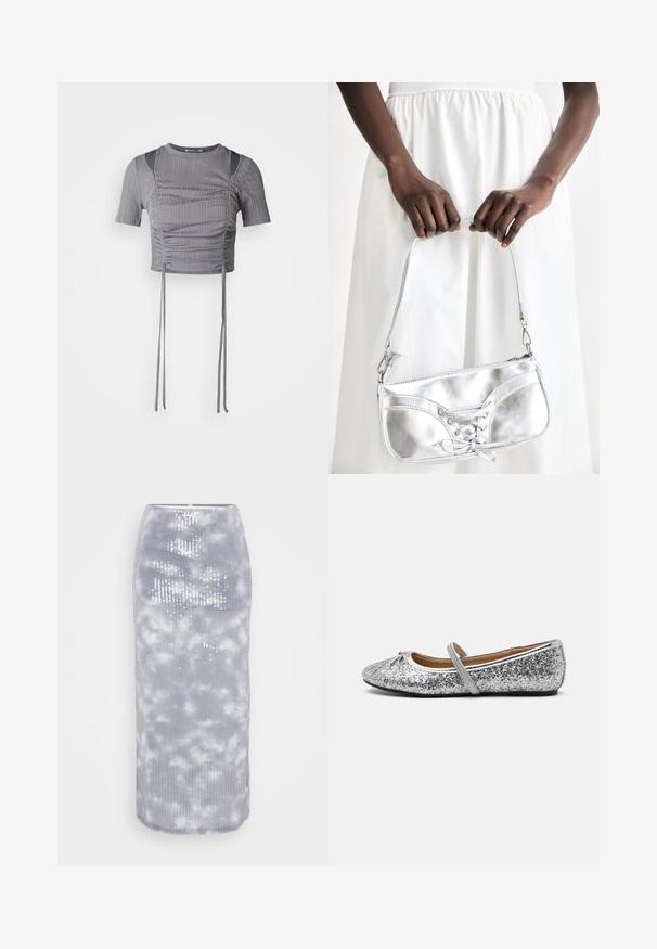 Haut court gris à manches courtes, avec un motif de côtes verticales, des détails froncés et des liens réglables à l'ourlet pour un ajustement sur mesure.; Jupe midi grise en tissu côtelé avec un motif nuageux et des sequins. Elle présente une coupe ajustée et un ourlet lisse.; Ballerines en paillettes argentées avec un bout arrondi, une sangle élastique et un talon minimal. Surface texturée avec un éclat métallique et des finitions contrastées.; Sac à main en métal argenté avec un détail à lacets, arborant un design épuré et une courte sangle. Le sac est tenu dans les mains, mettant en valeur sa texture.