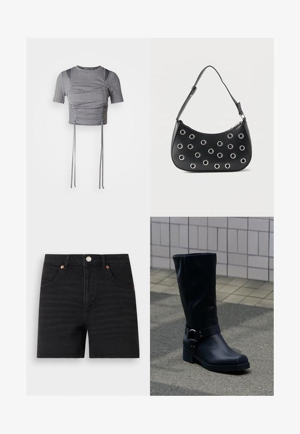 Grå cropped top med korte ærmer, prydet med lodret ribbet mønster, sammenkrøllede detaljer og justerbare bånd i kanten for en skræddersyet pasform.; Sorte denimshorts med knaplukning foran, bæltestropper, to forlommer og en lille møntlomme, vist fladt på hvid baggrund.; Sort læderstøvle midt på læggen med lav blokhæle og en dekorativ rem med metal spænde rundt om anklen, på en flisebelagt fortov.; Sort læder skuldertaske med justerbar rem, dekoreret med sølvfarvede metalnitter og lukning med øverste lynlås.