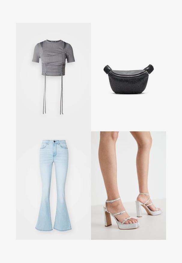 Top gris corto con mangas cortas, que presenta un tejido de canalé vertical, detalles fruncidos y lazos ajustables en el dobladillo para un ajuste a medida.; Jeans de denim en un azul claro y con pata de elefante, que cuentan con una cintura alta, cinco bolsillos, y una cremallera con un cierre de botón.; Sandalias de tacón alto de plataforma plateada con correas para el tobillo, material texturizado, tacón ancho en bloque y hebillas ajustables.; Bolso de mano negro con parte superior de cuero liso y base texturizada cubierta de tachuelas plateadas, que cuenta con un cierre de cremallera y doble asa.