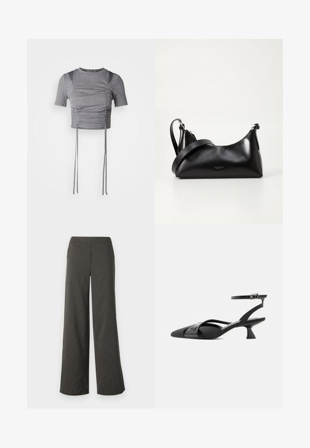 Grå cropped top med korte ærmer, prydet med lodret ribbet mønster, sammenkrøllede detaljer og justerbare bånd i kanten for en skræddersyet pasform.; Vidde-buks i mørkegrå med lodrette striber, der har en glat struktur og en elastisk talje for komfort.; Sort spids tå slingback-killingehæl med tynd ankelrem og asymmetriske krydsremme på hvid baggrund.; Sort læderhåndtaske med en glat tekstur. Har en justerbar stropp og et enkelt, minimalistisk design med lynlås.