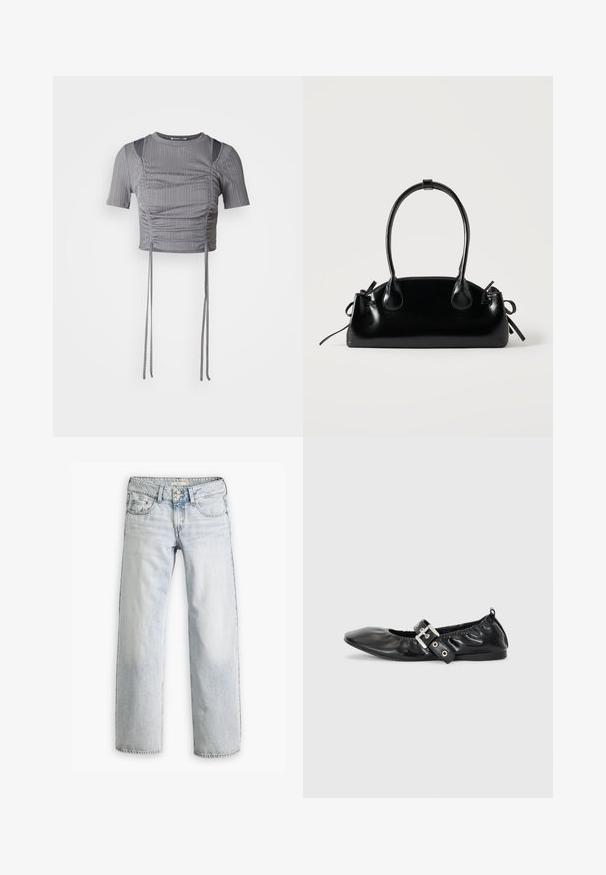 Grauer Cropped-Top mit kurzen Ärmeln, vertikaler Rippoptik, gerafften Details und verstellbaren Bindebändern am Saum für eine maßgeschneiderte Passform.; Hellblaue Denim-Jeans mit lockerer Passform, hoher Taille und fünf Taschen. Mit Stitching-Akzenten und einem Knopfverschluss.; Schwarze Leder-Ballerinas mit spitzem Zehenbereich, gerafften Details am Schaft und einem silbernen Schnallenakzent am verstellbaren Riemen.; Kleine schwarze glänzende Handtasche mit zwei langen Griffen und seitlichen Kordelzug-Details vor einfachem hellem Hintergrund.