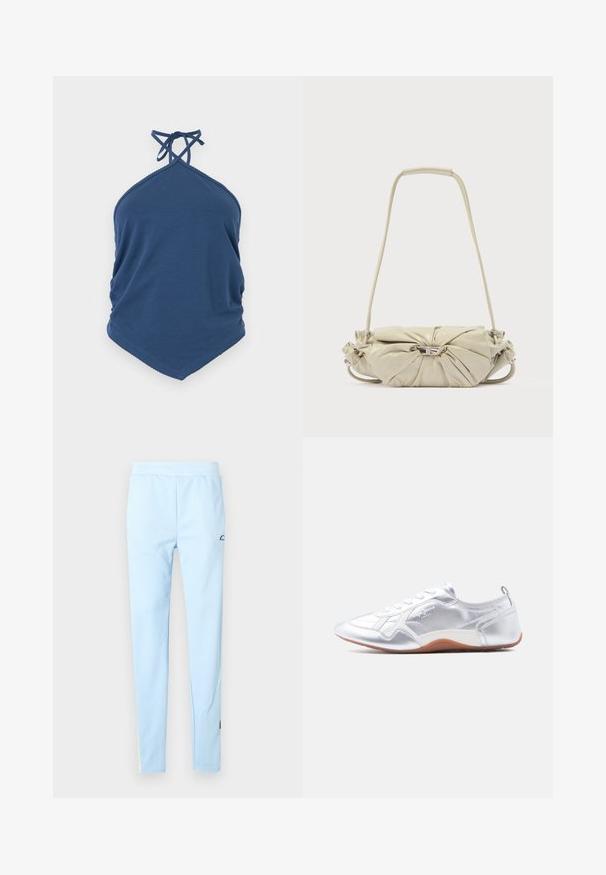 Haut bleu à col licou avec bretelles croisées et ourlet pointu, en tissu doux.; Pantalon de sport bleu clair avec une texture lisse, une taille élastique et un motif subtil. Présente un logo près de la hanche et des accents de couleur sur l'ourlet.; Baskets argentées à profil bas avec coutures blanches, lacets blancs, semelle marron clair, et logo "Pepe Jeans London" sur le côté, vues de l'extérieur.; Sac à bandoulière en cuir beige avec un design froncé et un détail boucle argentée, équipé d'une longue bandoulière et d'une section de poignée rembourrée.