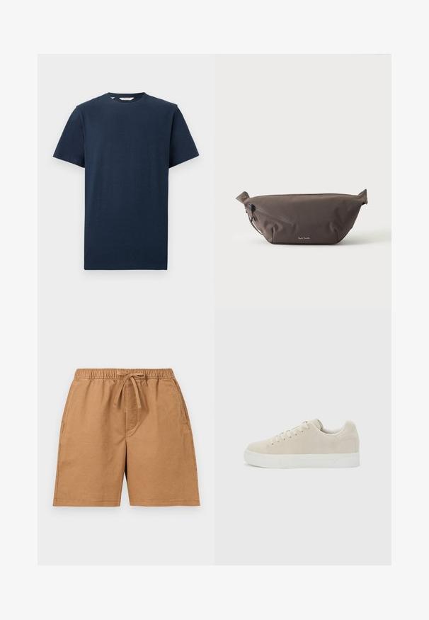 T-shirt bleu marine à manches courtes et col rond, au design uni, présenté sur un fond blanc.; Shorts décontractés marron avec taille élastique et cordon de serrage à l'avant, dotés de poches latérales et de détails cousus.; Baskets basses beige à lacets avec semelle épaisse en caoutchouc blanc sur un fond uni gris clair.; Sac banane en tissu marron foncé avec poche zippée en diagonale et petit logo blanc sur le devant, sur un fond clair uni.