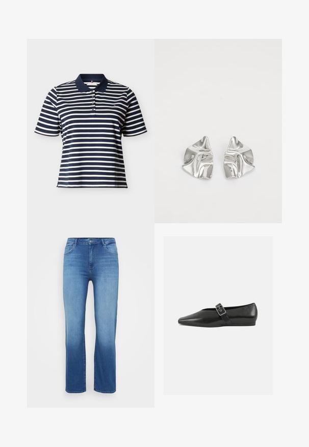 Marineblå og hvide horisontale stribede kortærmede polo med marineblå krave og fire knapper på slidserne.; Lysblå denimjeans med lige snit, fem-lomme design og en slidt effekt ved kanten. Knaplukning i taljen.; Sorte læder flade sko med spidse tæer, prydet med en metallisk spænde over vristen og en lav, fleksibel sål.; Sølvmetal øreringe med et bølgende, skulpturelt design, der har en poleret overflade og uregelmæssige former, hvilket fremhæver en moderne æstetik.