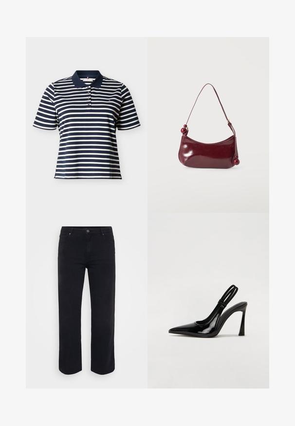Polo de manga corta con rayas horizontales en azul marino y blanco, con cuello azul marino y cuatro botones en la tapeta.; Jeans de denim negro con un diseño de pierna recta. Las características incluyen un cierre de botón en la cintura, trabillas para cinturón y bolsillos delanteros y traseros. Textura suave.; Zapato de tacón con tirante en negro de charol, punta afilada, tacón alto y delgado, y doble tira elástica para un ajuste seguro. Superficie suave y brillante.; Bolso pequeño brillante de color rojo oscuro con un borde superior curvado y cuentas redondas decorativas en los extremos de la correa.