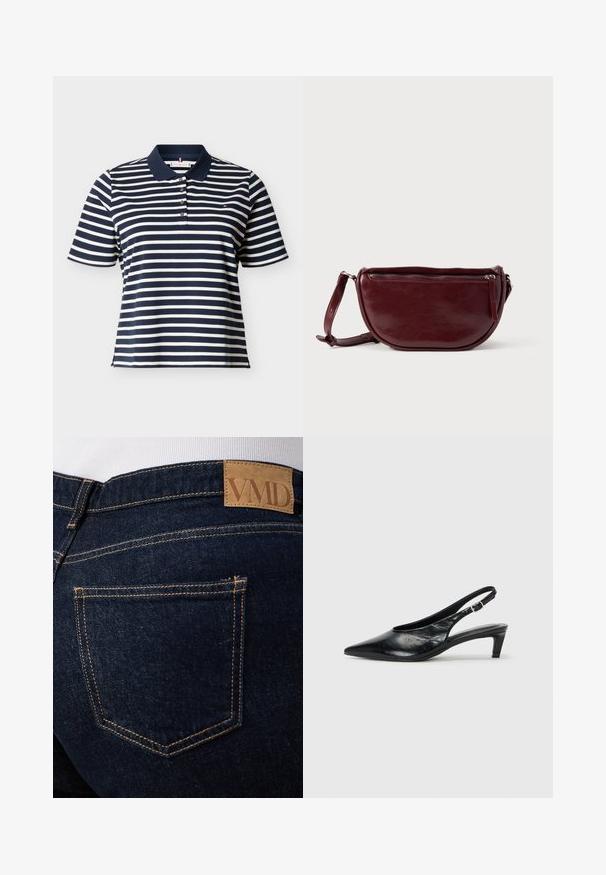 Marineblå og hvide horisontale stribede kortærmede polo med marineblå krave og fire knapper på slidserne.; Mørkeblå denimjeans med synlige orange syninger og en brun læderlap med mærket "VMD" over den bageste højre lomme.; Sort læder slingback hæl med spidse tæer, lav kitten hæl og justerbar spænde-bånd. Glat tekstur med minimal dekor.; Vinrød læderhåndtaske med halvmåneform, lynlås og aftagelig rem. Glat tekstur med en subtil glans.