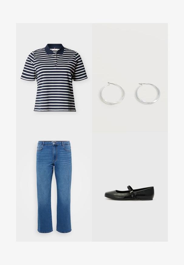 Marineblau und weiß gestreiftes Poloshirt mit kurzen Ärmeln, einem marineblauen Kragen und vier Knöpfen an der Knopfleiste.; Blaue Jeans aus Denim mit geradem Beinansatz, ausgestattet mit einem Knopfverschluss, klassischem Fünf-Taschen-Design und subtiler, ausgewaschener Textur an den Oberschenkeln.; Schwarze Leder-Ballerinas mit einer runden Spitze, einer flachen Sohle und einem dünnen, verstellbaren Riemen über dem Spann mit einer Metallschnalle.; Silberne Metallcreolen mit glatter, leicht gebogener Oberfläche und Klappverschluss vor schlicht weißem Hintergrund.