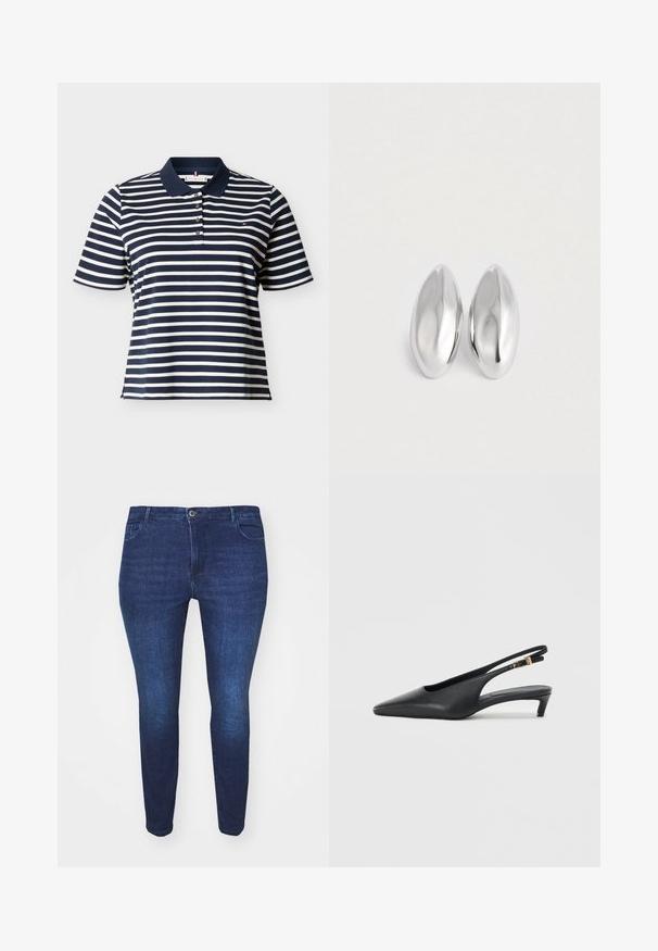 Marineblau und weiß gestreiftes Poloshirt mit kurzen Ärmeln, einem marineblauen Kragen und vier Knöpfen an der Knopfleiste.; Dunkelblaue Slim-Fit-Jeans aus Denim mit einem Frontknopf und Taschen, von der Front gegen einen weißen Hintergrund gezeigt.; Schwarze Slingback-Pumps mit spitzer Zehe, glatter Lederoberfläche, niedrigem Kitten-Absatz und einem Riemen mit einem metallenen Schnallenakzent.; Ein Paar glatte, glänzende silberne ovalförmige Objekte, die nebeneinander auf einem schlichten weißen Hintergrund platziert sind.