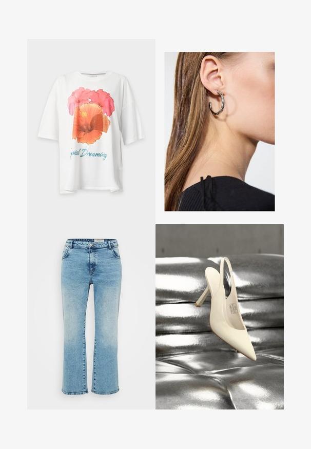Weißes T-Shirt mit kurzen Ärmeln, großem pink-orangefarbenem Blumenprint und blauem Schriftzug „Tropical Dreaming“ auf der Vorderseite.; Hellblaue Denim-Jeans mit geradem Schnitt, Knopfverschluss, fünf Taschen und dezentem Ausbleichen an den Knien.; Weißer Slingback-Pumps mit spitzer Zehenpartie, präsentiert vor einem glänzenden silbernen gepolsterten Hintergrund.; Silberne Creolen mit polierter Oberfläche, die kleine goldene Akzentdetails und eine runde Form aufweisen, am Ohrläppchen getragen.