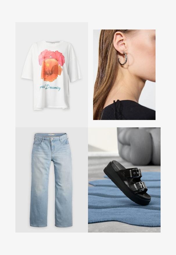 Camiseta blanca de manga corta con un gran estampado floral en rosa y naranja y texto azul que dice "Tropical Dreaming" en el frente.; Pantalones vaqueros de pierna ancha de color azul claro, confeccionados en denim. Con una cintura alta, cinco bolsillos y costuras de contraste. Textura suave con un acabado desgastado.; Sandalia negra con dos hebillas plateadas, suela con plataforma, colocada sobre una alfombra azul texturizada con muebles beige desenfocados en el fondo.; Pendiente de aro de plata con un acabado pulido, que presenta pequeños detalles en dorado y una forma redonda, llevado en el lóbulo.