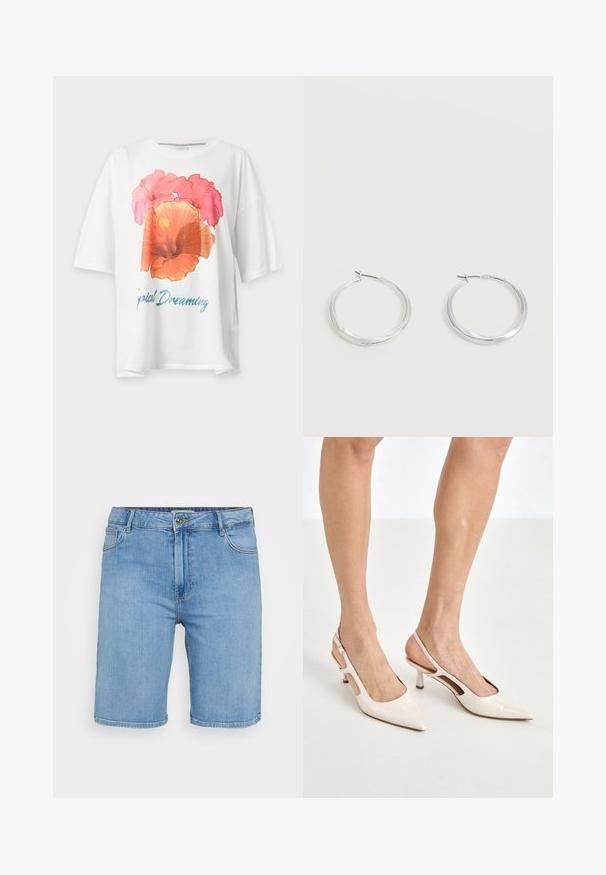 Witte T-shirt met korte mouwen met een grote roze en oranje bloemenprint en blauwe tekst met de tekst "Tropical Dreaming" op de voorkant.; Lichtblauwe denim shorts met een klassieke snit, voorzien van een knoopsluiting aan de voorkant, riemlussen en twee zijzakken. Gladde textuur en rechte zoom.; Beige gepatineerde leren slingback hakken met een spitze neus en een hak van 5 cm, met uitsparingen aan de zijkanten en een dunne enkelband.; Zilverkleurige metalen creolen oorbellen met een glad, licht gebogen oppervlak en sluitingen met haaksluiting op een effen witte achtergrond.