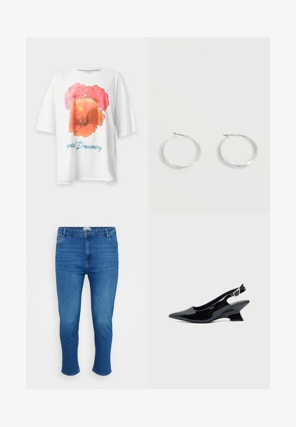 Witte T-shirt met korte mouwen met een grote roze en oranje bloemenprint en blauwe tekst met de tekst "Tropical Dreaming" op de voorkant.; Blauwe denim jeans met een hoge taille, voorknop en rits, vijf zakken en een slim rechte pasvorm.; Zwarte lakleren slingback schoen met spitse neus en lage schuine blokhak op een effen lichte achtergrond.; Zilverkleurige metalen creolen oorbellen met een glad, licht gebogen oppervlak en sluitingen met haaksluiting op een effen witte achtergrond.