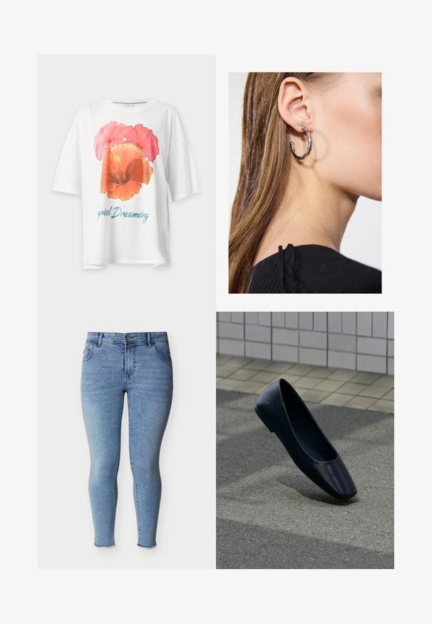 Hvid T-shirt med korte ærmer med stort pink og orange blomsterprint samt blå tekst "Tropical Dreaming" på fronten.; Lyseblå tætsiddende jeans med frontknap, fem lommer og frynsede ankelsømme, vist på en hvid baggrund.; Sort læder flad sko, stående opret på en asfaltbelægning nær en flisebelagt fortovskant.; Sølv hoop ørestik med en poleret overflade, prydet med små guld accenter og en rund form, båret på øreflippen.