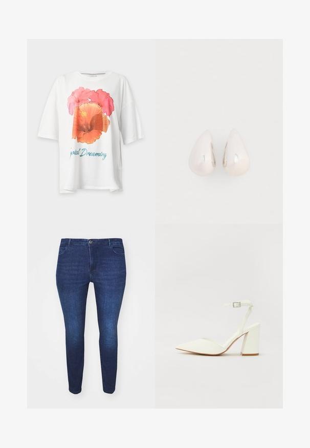 Hvid T-shirt med korte ærmer med stort pink og orange blomsterprint samt blå tekst "Tropical Dreaming" på fronten.; Mørkeblå slim-fit denim jeans med frontknap og lommer, vist fra forsiden mod en hvid baggrund.; Hvide hælede sandaler med spids tå, justerbar ankelrem og en kraftig firkantet hæl. Glat tekstur med minimale syninger.; Sølvmetal dråbeøreringe med en glat, reflekterende overflade og tåreform, der har et sammenhængende design uden synlige udsmykninger.