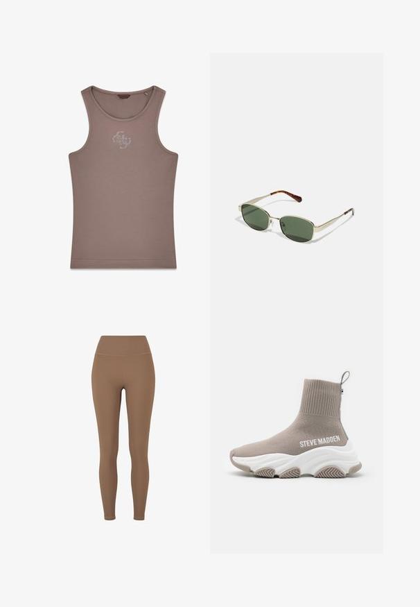 Débardeur mauve côtelé sans manches avec encolure ronde et petit détail de logo en strass centré sur la poitrine.; Leggings marron côtelés avec une taille haute. Le tissu semble extensible et lisse, avec des coutures minimales et sans motifs visibles.; Baskets en tricot à enfiler de couleur marron clair avec un col de cheville côtelé. Présente une semelle épaisse blanche et une marque blanche sur le côté.; Lunettes de soleil en métal avec des verres verts, de forme ovale allongée et des accents en bronze. Embouts de branches en motif écaille de tortue.