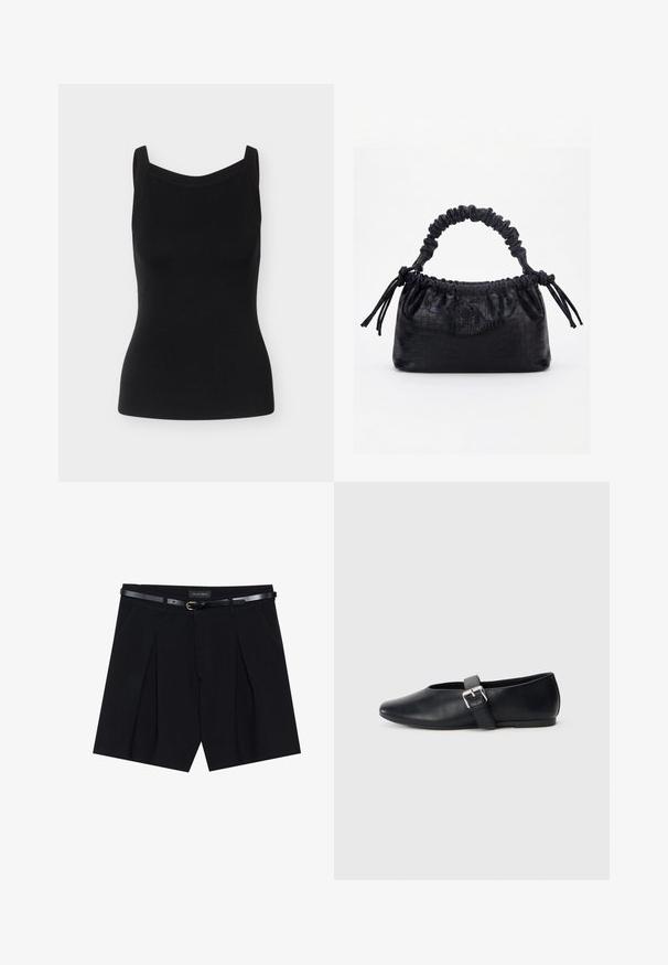 Schwarzes geripptes Strick-ärmelloses Tanktop mit breiten Trägern und geradem Ausschnitt, figurbetonte Silhouette auf hellgrauem Hintergrund.; Schwarze maßgeschneiderte Shorts mit Falten, ausgestattet mit einem schmalen schwarzen Gürtel mit goldener Schnalle. Hergestellt aus einem glatten Stoff, der einen eleganten Look bietet.; Schwarze Lederflachschuhe mit einem runden Zehendesign, ausgestattet mit einem seitlichen Schnallenriemen und einer glatten Textur. Niedrigprofilsohle für einen bequemen Tragekomfort.; Schwarze Handtasche mit Krokodilstruktur, gerafftem oberen Rand, zusammengezogenem Griff und Zugkordeln mit Quasten an jeder Seite vor weißem Hintergrund.