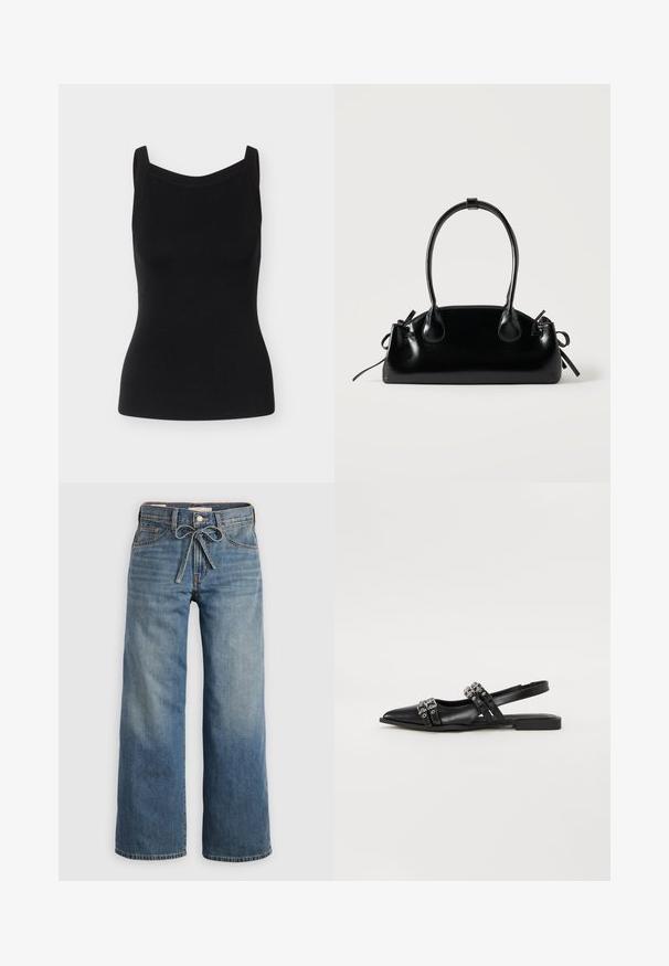 Sort ribstrikket ærmeløs tanktop med brede stropper og lige halsudskæring, figursyet silhouet på lys grå baggrund.; Lyseblå vide jeans lavet af denim, med en snøre i taljen, to frontlommer og subtilt slid for tekstur.; Even&Odd by Zalando Slingback-ballerinasko - black; Lille sort blank håndtaske med to lange håndtag og snøre-detaljer i siden på en ensfarvet lys baggrund.