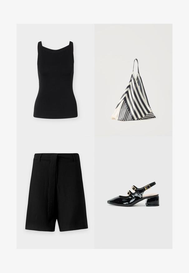 Schwarzes geripptes Strick-ärmelloses Tanktop mit breiten Trägern und geradem Ausschnitt, figurbetonte Silhouette auf hellgrauem Hintergrund.; Schwarze Leinenshorts mit hoher Taille, ausgestattet mit einem Stoffgürtel und seitlichen Taschen, glatte Textur und einer lockeren Passform.; Schwarze lackierte Slingback-Schuhe mit spitz zulaufender Zehe, goldfarbenen Schnallen und einem quadratischen Blockabsatz. Mit glänzender Oberfläche.; Schwarz-weiß gestreifte dreieckige Stofftasche mit einem einzelnen Schulterriemen, aufrecht stehend auf einem einfarbigen hellen Hintergrund.