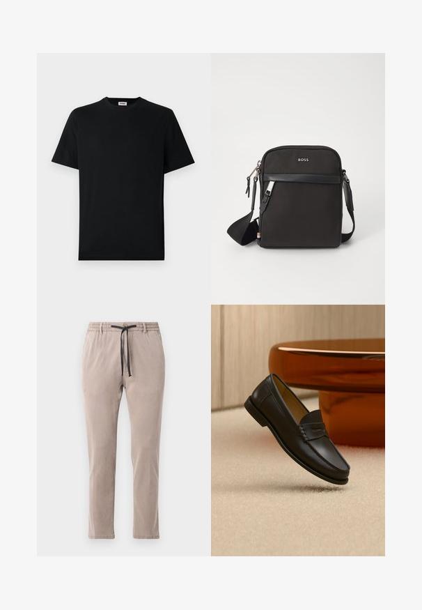 T-shirt noir uni à manches courtes et col rond, exposé à plat sur un fond blanc, avec une petite étiquette de marque à l'intérieur du col.; Pantalons beiges avec une taille élastique et un cordon de serrage noir. Design à jambes droites avec une texture douce et des détails de couture minimaux.; Chaussure mocassin en cuir noir suspendue au-dessus d’un tapis beige avec du mobilier moderne couleur ambre en arrière-plan.; Sac bandoulière noir en tissu texturé, avec un logo sur le devant, fermeture éclair et une bandoulière réglable. Finitions en cuir lisse.