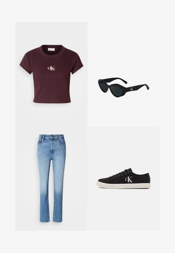 Bordeaux cropped t-shirt i ribbet stof med korte ærmer. Har et hvidt Calvin Klein-logo centreret på brystet.; Blå denimjeans med høj talje, lige ben-design, falmede farvegradient og fem-lomme stil. Metalknap- og lynlås-lukning.; Sorte kanvas sneakers med en hvid gummisål, rund tå og "CK"-logo på siden. Snørebåndsdesign for sikker pasform.; Sorte katteøje solbriller med en glat finish, mørke linser og et "cK"-logo på stangen. Vinklet design og tykke stel.