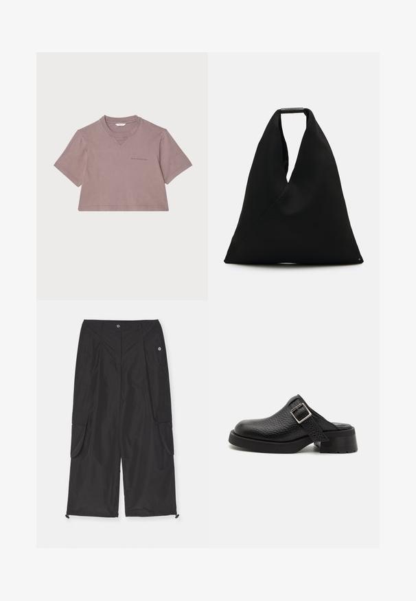 Cropped t-shirt in dusty mauve, made of soft fabric. Features a round neck, short sleeves, and a subtle logo printed on the front.; Black cargo pants made of lightweight fabric feature side pockets, an adjustable drawstring hem, and a button closure.; Black leather clogs with a textured finish, adjustable buckle strap, and a chunky heel. Smooth, rounded toe design with a solid black sole.; Black fabric tote bag with a unique V-shape design and a smooth texture. Features a short handle with minimalistic hardware detail.