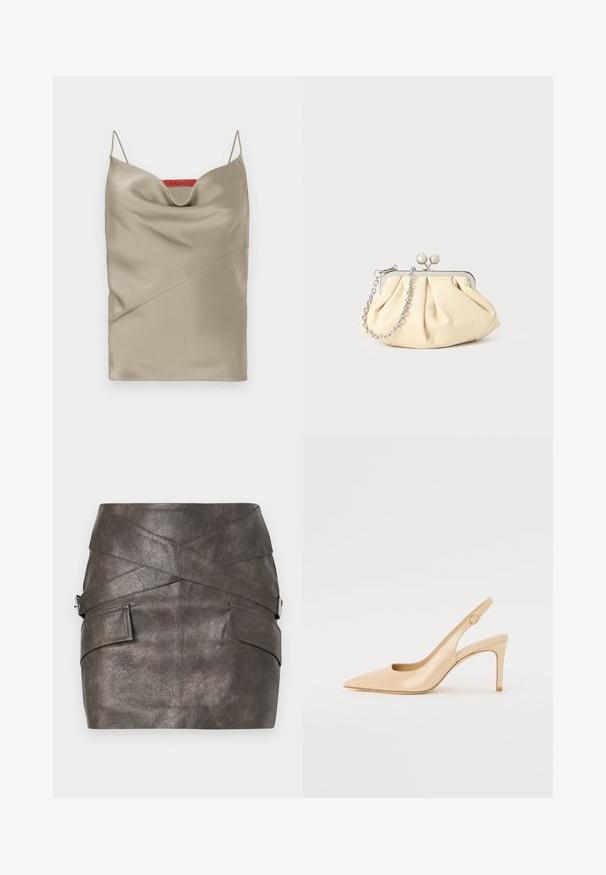 Satin-Camisole in hellem Taupe mit einem drapierten Ausschnitt, dünnen verstellbaren Trägern und diagonalen Nahtdetails. Markenlabel in Rot auf der Rückseite.; Dunkelgrauer Kunstleder-Minirock mit asymmetrischem Design, das Überlappungsdetails und Seitentaschen mit metallischen Hardware-Akzenten bietet.; Nude patentleder Slingback-Absatzschuh mit spitzer Zehenpartie, offenem Vorderblatt und dünnem Stiletto-Absatz. Verfügt über ein kreisförmiges goldfarbenes Akzent auf dem Riemen.; Faltige beigefarbene Ledertasche mit einem silbernen Metallrahmen, ausgestattet mit zwei runden dekorativen Verschlüssen und einem silbernen Kettenriemen.