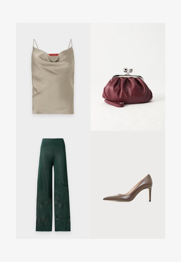 Camisole en satin de couleur taupe clair avec un décolleté drapé, des bretelles fines et ajustables, et des détails de couture diagonaux. Étiquette de marque en rouge à l'arrière.; Pantalons larges verts en maille légère avec un motif en zigzag au niveau de l'ourlet. Présente une taille lisse pour plus de confort.; Chaussure à talon haut en cuir marron à bout pointu avec un talon aiguille fin et une finition lisse sur un fond clair.; Petit sac pochette en cuir bordeaux avec fermoir métallique argenté et bracelet sur fond blanc.