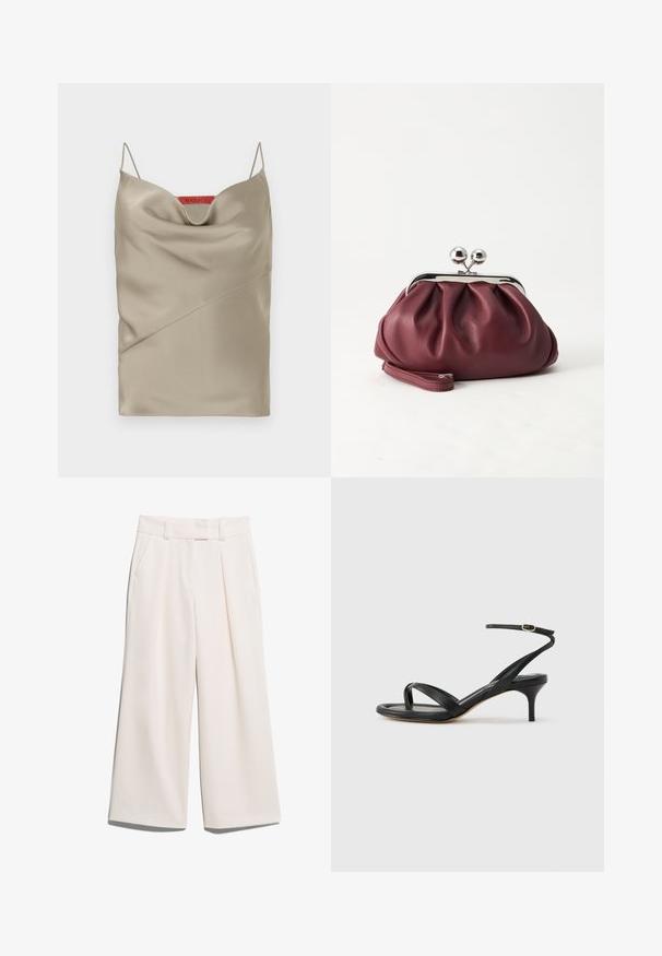 Satin topje in licht taupe met een gedrapeerde halslijn, dunne verstelbare bandjes en schuine naaddetails. Merklabel in het rood aan de achterkant.; Brede broekspijpen in een lichte crèmekleur, gemaakt van gladde stof met twee voorzakken en zichtbare stiksels op de tailleband.; Zwarte leren dames sandaal met dunne bandjes, een teengreep, een enkelgesp en een stilettohak van gemiddelde hoogte op een neutrale achtergrond.; Kleine bordeauxrode leren clutch-portemonnee met zilverkleurige metalen sluiting en polsbandje op een witte achtergrond.