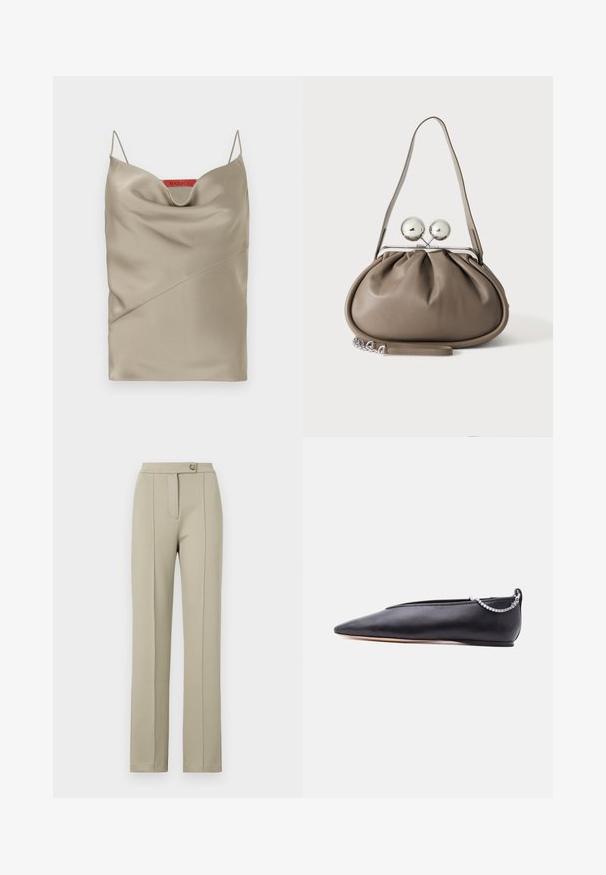 Satin cami i lys taupe med en draperet halsudskæring, tynde justerbare stropper og skrå sømdetaljer. Mærketikette i rød på bagsiden.; Beige skræddersyede bukser med lige pasform, der har en frontlynlås, en enkelt knaplukning og diskrete pressede folder ned ad frontbenene.; Sort læder flad sko med spids tå, lav hæl og sølvkæde detalje bagpå mod en ensfarvet baggrund.; Grå læderhåndtaske med rundet form, toplås med to store sølvkugler og en enkelt strop.