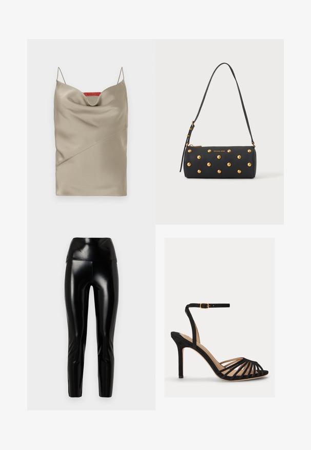 Satin topje in licht taupe met een gedrapeerde halslijn, dunne verstelbare bandjes en schuine naaddetails. Merklabel in het rood aan de achterkant.; Zwarte nep leren leggings met een hoge taille, gladde textuur, tapse benen en een glanzende afwerking. Geen zichtbare naden of versieringen.; Zwarte sandaal met hoge hak, open teen, meerdere dunne voorste bandjes en een verstelbaar enkelbandje met een gouden gesp.; Zwarte cilindervormige handtas met gouden studs en een verstelbare schouderriem, met het "Michael Kors"-logo in goud op de voorkant.