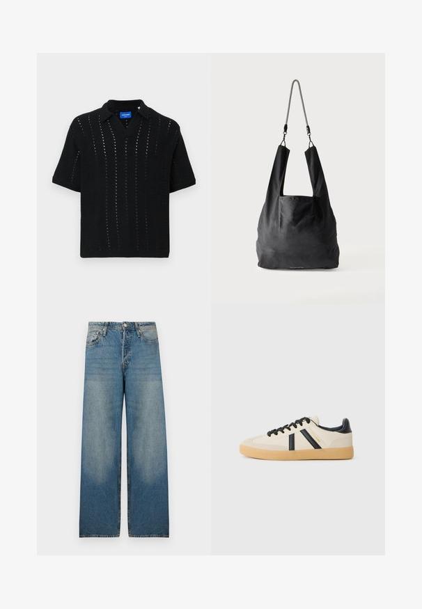 Polo-shirt noir tricoté à manches courtes, présentant un col en V, un motif ajouré et des poignets côtelés. Étiquette visible à l'intérieur du col.; Jean large en denim bleu clair, avec une taille haute, un design à cinq poches et des zones décolorées pour un look vintage.; Baskets décontractées en crème avec des rayures noires, présentant un dessus texturé et une semelle en caoutchouc. Les lacets sont noirs. Logo discret sur le côté.; Sac fourre-tout en tissu noir doux avec de larges anses et une fine bandoulière tressée noire et blanche.