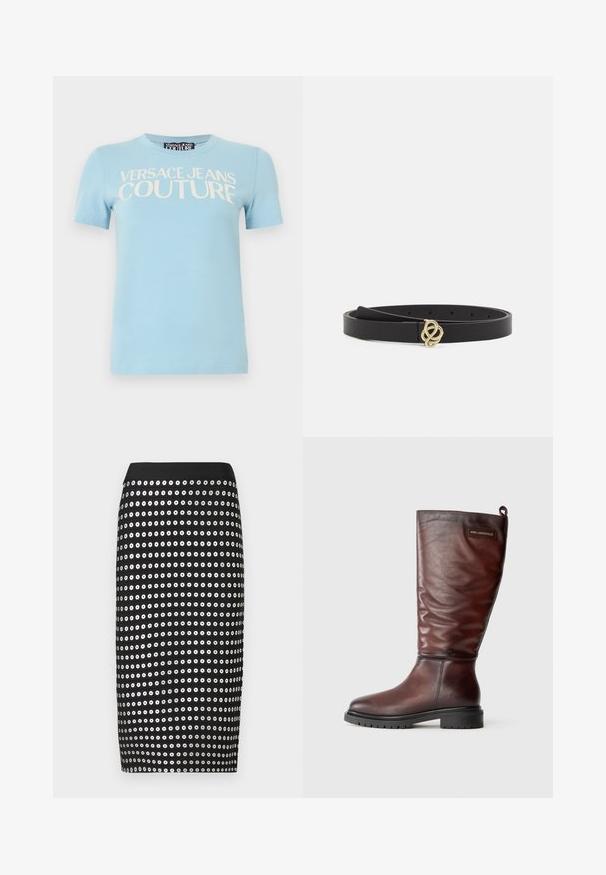 Camiseta de manga corta azul claro con "VERSACE JEANS COUTURE" en grandes letras blancas en el pecho y cuello redondo.; Falda lápiz negra de cintura alta, con filas horizontales de tachuelas circulares plateadas espaciadas uniformemente.; Botas de cuero marrón hasta la rodilla con un diseño ligeramente caído, punta redonda y suela gruesa de goma negra texturizada. Presenta un parche con el logo.; Cinturón de cuero negro con una hebilla en tono dorado en forma de nudo. La correa es suave y cuenta con múltiples agujeros de ajuste para flexibilidad en el tamaño.